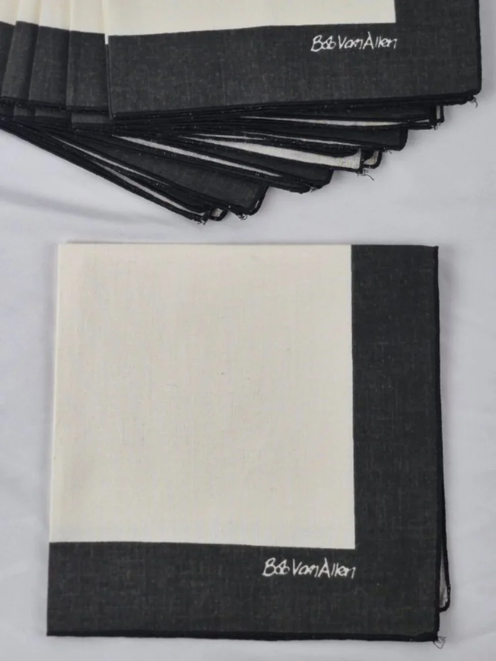 Vintage Bob Allen Napkins Charcoal Boarder & Cream Center Linen Signed Set of 8